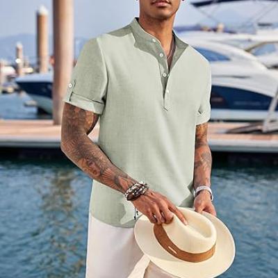 Men's Casual Henley Shirt Short Sleeve Band Collar Linen Shirt Summer Beach Hippie T-Shirts