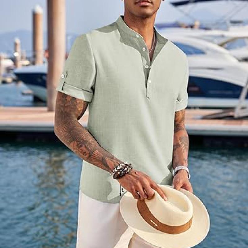 Men's Casual Henley Shirt Short Sleeve Band Collar Linen Shirt Summer Beach Hippie T-Shirts