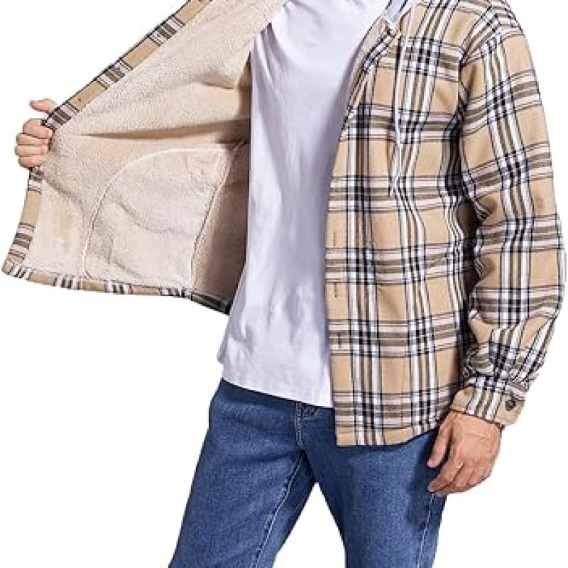 Men's Cotton Plaid Shirts Jacket Fleece Lined Flannel Shirts Sherpa Button Down Jackets with Hood for Men