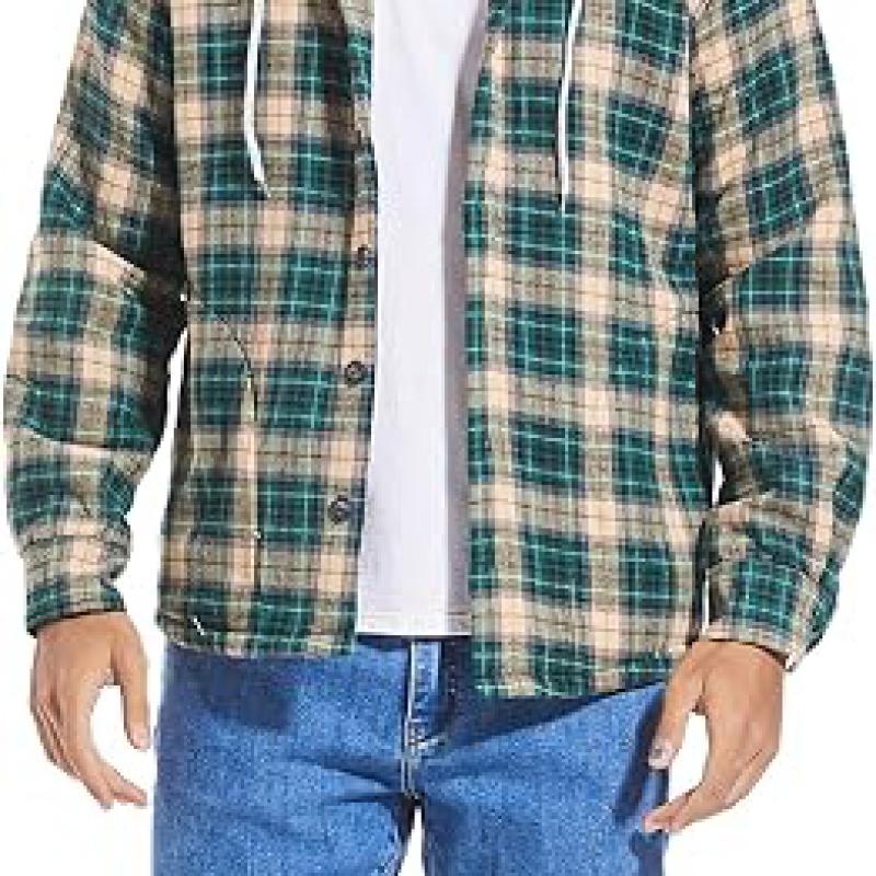 Men's Cotton Plaid Shirts Jacket Fleece Lined Flannel Shirts Sherpa Button Down Jackets with Hood for Men