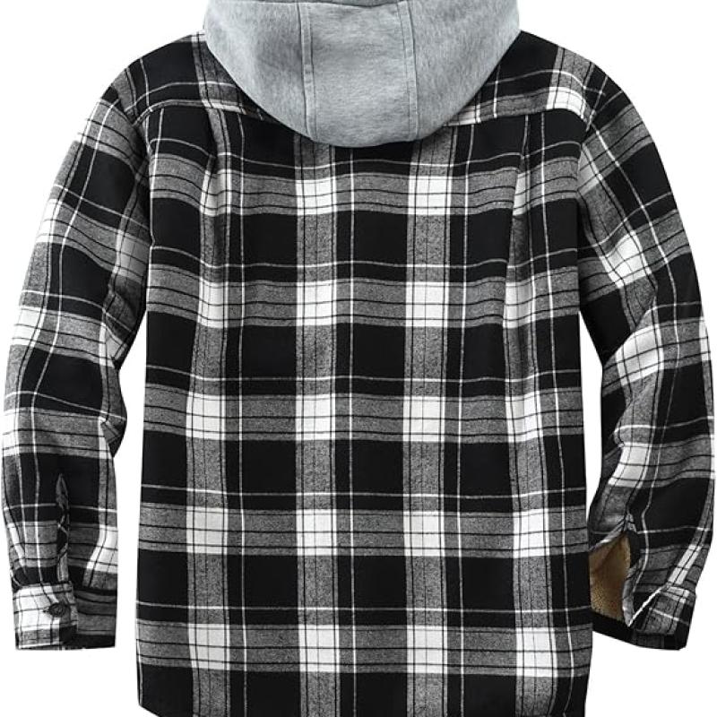 Men's Cotton Plaid Shirts Jacket Fleece Lined Flannel Shirts Sherpa Button Down Jackets with Hood for Men