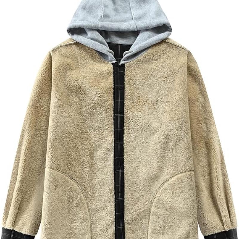 Men's Cotton Plaid Shirts Jacket Fleece Lined Flannel Shirts Sherpa Button Down Jackets with Hood for Men