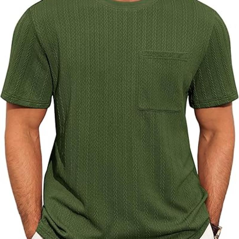 Mens Short Sleeve T-Shirts Casual Knit Texture Crewneck Pocket Tee Tops Loose Fit Summer Shirt