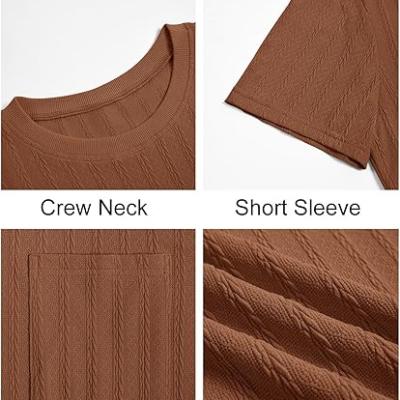Mens Short Sleeve T-Shirts Casual Knit Texture Crewneck Pocket Tee Tops Loose Fit Summer Shirt