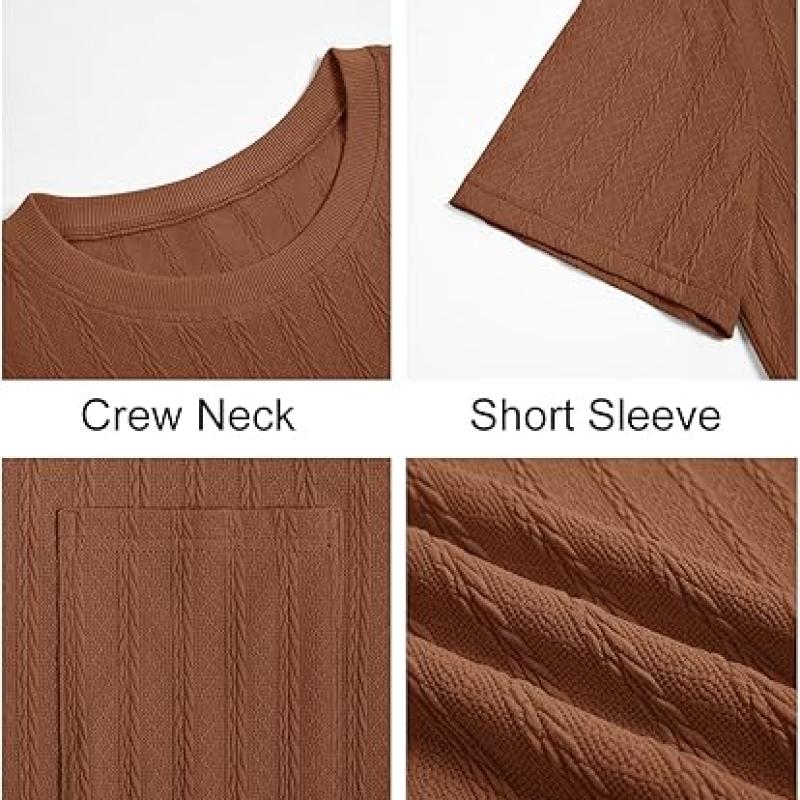 Mens Short Sleeve T-Shirts Casual Knit Texture Crewneck Pocket Tee Tops Loose Fit Summer Shirt