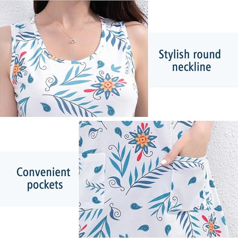 Women's Summer Dresses 2025 Casual Sleeveless Boho Beach Dress Scoop Neck T-Shirt Floral Sundress with Pocket