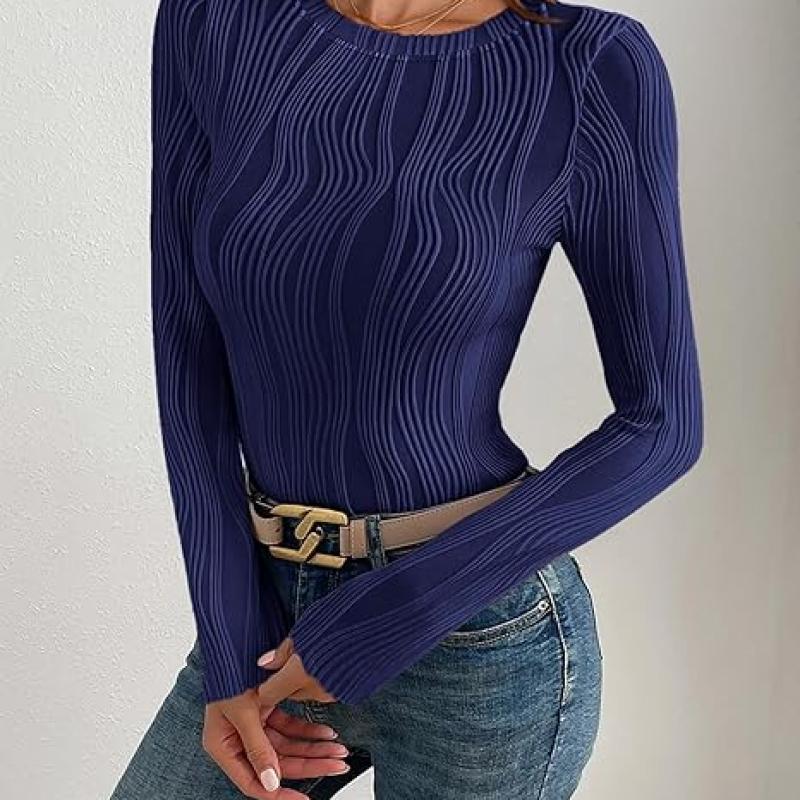 Women's Tops 2025 Cute Long Sleeve Crewneck Blouses Plain Slim Fit Fall Shirts Textured Knit Basic T Shirts