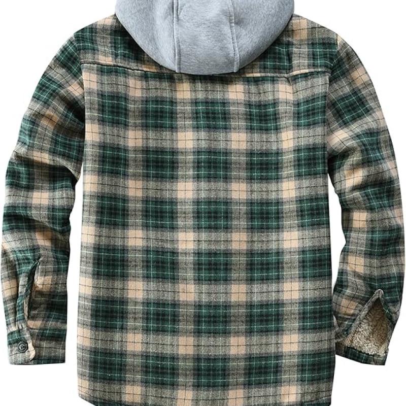 Men's Cotton Plaid Shirts Jacket Fleece Lined Flannel Shirts Sherpa Button Down Jackets with Hood for Men