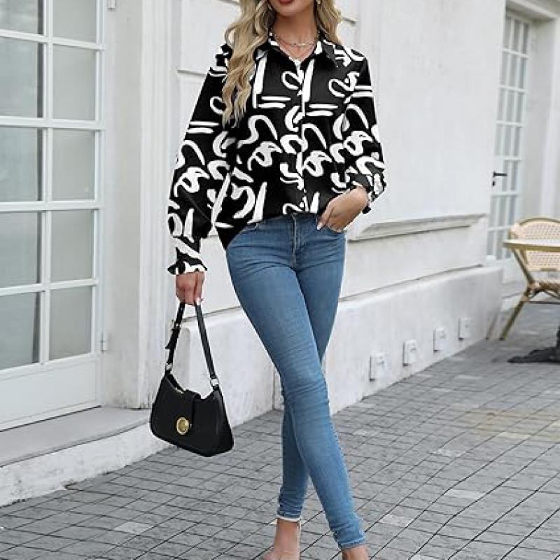 Womens Button Down Shirts Smocked Cuffed Blouse Printed Lantern Shirt Long Sleeve Top Collar Business Fashion