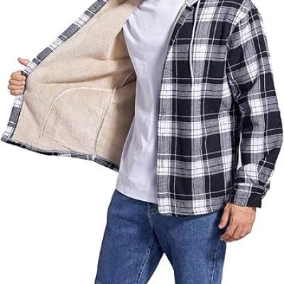 Men's Cotton Plaid Shirts Jacket Fleece Lined Flannel Shirts Sherpa Button Down Jackets with Hood for Men