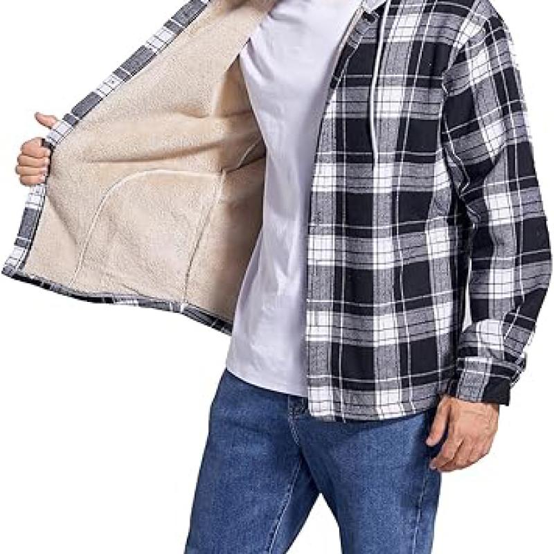 Men's Cotton Plaid Shirts Jacket Fleece Lined Flannel Shirts Sherpa Button Down Jackets with Hood for Men
