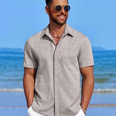 Men's Casual Linen Beach Shirt Short Sleeve Button Down Summer Shirt Untucked Vacation Wedding Hawaiian Shirts