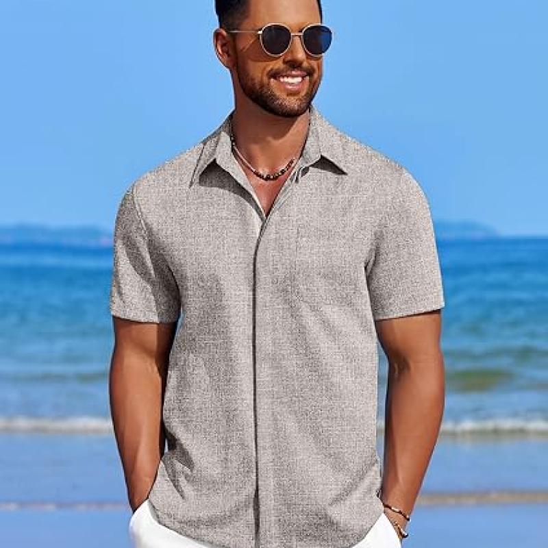 Men's Casual Linen Beach Shirt Short Sleeve Button Down Summer Shirt Untucked Vacation Wedding Hawaiian Shirts