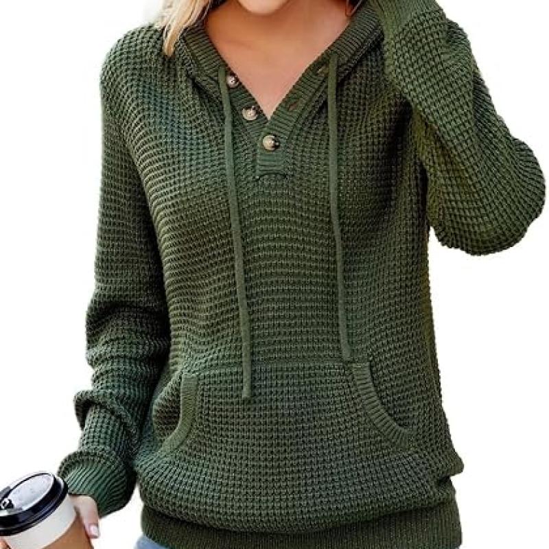 Fall Womens Oversized Hoodies Knit V Neck Sweaters Fashion Casual Pullover Tops