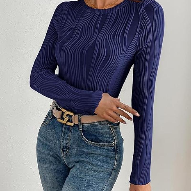 Women's Tops 2025 Cute Long Sleeve Crewneck Blouses Plain Slim Fit Fall Shirts Textured Knit Basic T Shirts
