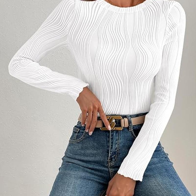 Women's Tops 2025 Cute Long Sleeve Crewneck Blouses Plain Slim Fit Fall Shirts Textured Knit Basic T Shirts