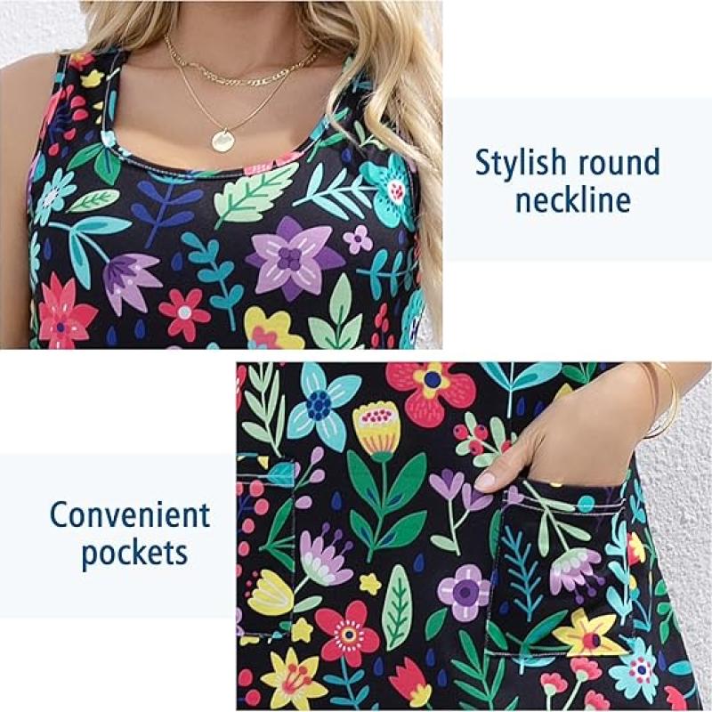 Women's Summer Dresses 2025 Casual Sleeveless Boho Beach Dress Scoop Neck T-Shirt Floral Sundress with Pocket
