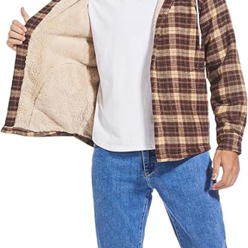 Men's Cotton Plaid Shirts Jacket Fleece Lined Flannel Shirts Sherpa Button Down Jackets with Hood for Men