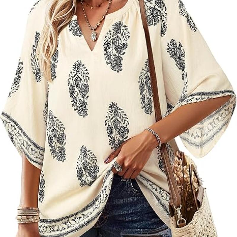 Womens 3/4 Sleeve V Neck Bohemian Peasant Blouses Casual Loose Fit Tunic Tops