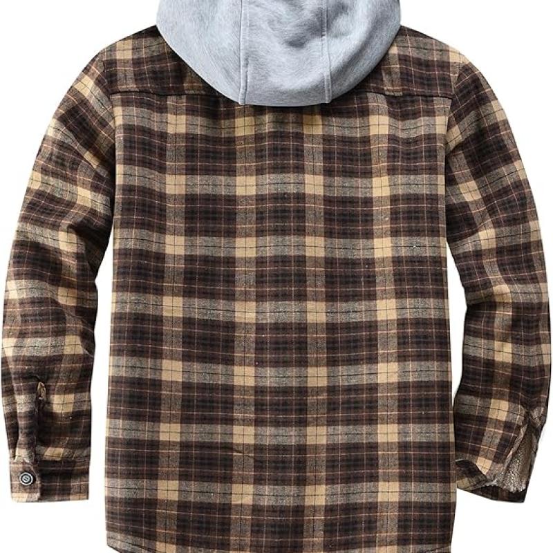 Men's Cotton Plaid Shirts Jacket Fleece Lined Flannel Shirts Sherpa Button Down Jackets with Hood for Men