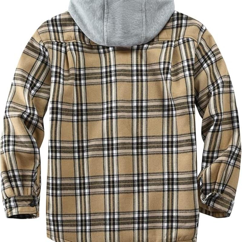 Men's Cotton Plaid Shirts Jacket Fleece Lined Flannel Shirts Sherpa Button Down Jackets with Hood for Men