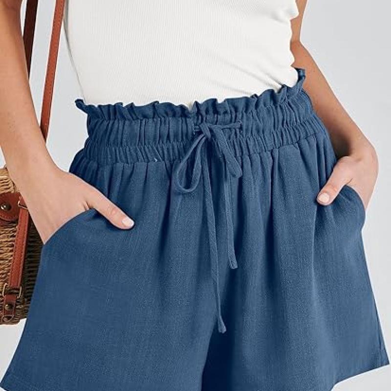 Linen Shorts for Women Casual High Waisted Wide Leg Drawstring Cute Summer Beach Shorts 2024 Fashion Vacation Outfit