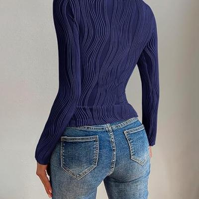 Women's Tops 2025 Cute Long Sleeve Crewneck Blouses Plain Slim Fit Fall Shirts Textured Knit Basic T Shirts