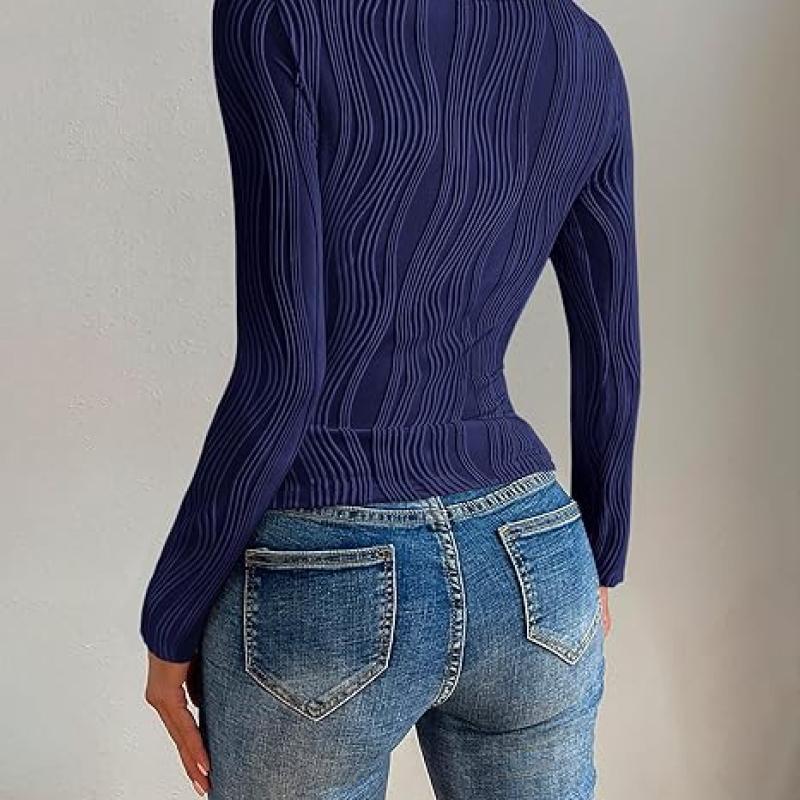 Women's Tops 2025 Cute Long Sleeve Crewneck Blouses Plain Slim Fit Fall Shirts Textured Knit Basic T Shirts