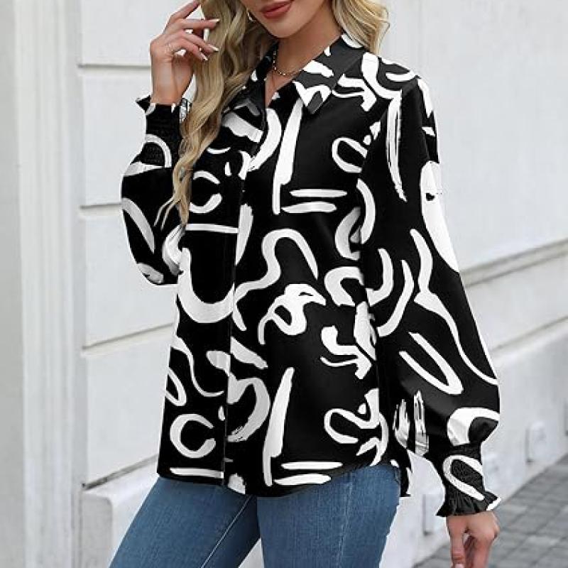 Womens Button Down Shirts Smocked Cuffed Blouse Printed Lantern Shirt Long Sleeve Top Collar Business Fashion