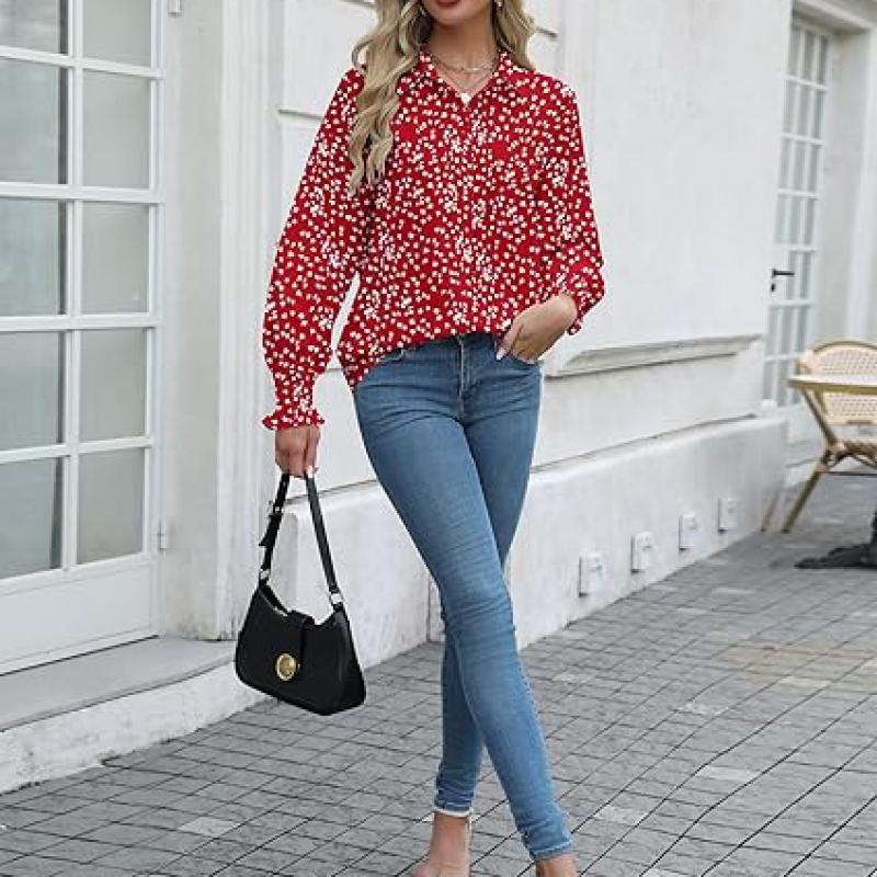 Womens Button Down Shirts Smocked Cuffed Blouse Printed Lantern Shirt Long Sleeve Top Collar Business Fashion