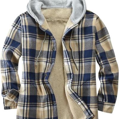 Men's Cotton Plaid Shirts Jacket Fleece Lined Flannel Shirts Sherpa Button Down Jackets with Hood for Men