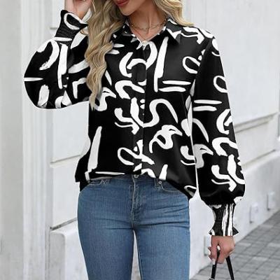 Womens Button Down Shirts Smocked Cuffed Blouse Printed Lantern Shirt Long Sleeve Top Collar Business Fashion