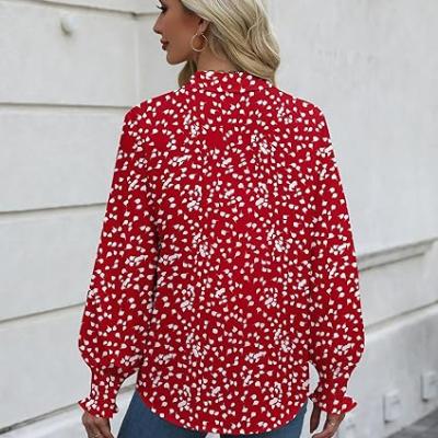 Womens Button Down Shirts Smocked Cuffed Blouse Printed Lantern Shirt Long Sleeve Top Collar Business Fashion