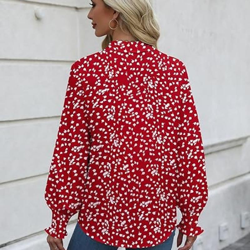 Womens Button Down Shirts Smocked Cuffed Blouse Printed Lantern Shirt Long Sleeve Top Collar Business Fashion