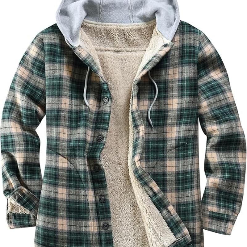 Men's Cotton Plaid Shirts Jacket Fleece Lined Flannel Shirts Sherpa Button Down Jackets with Hood for Men