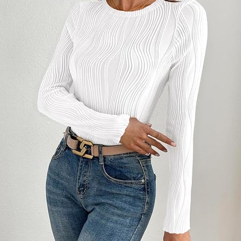 Women's Tops 2025 Cute Long Sleeve Crewneck Blouses Plain Slim Fit Fall Shirts Textured Knit Basic T Shirts