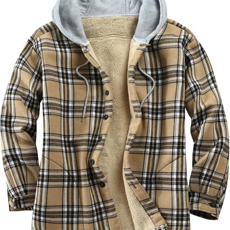 Men's Cotton Plaid Shirts Jacket Fleece Lined Flannel Shirts Sherpa Button Down Jackets with Hood for Men