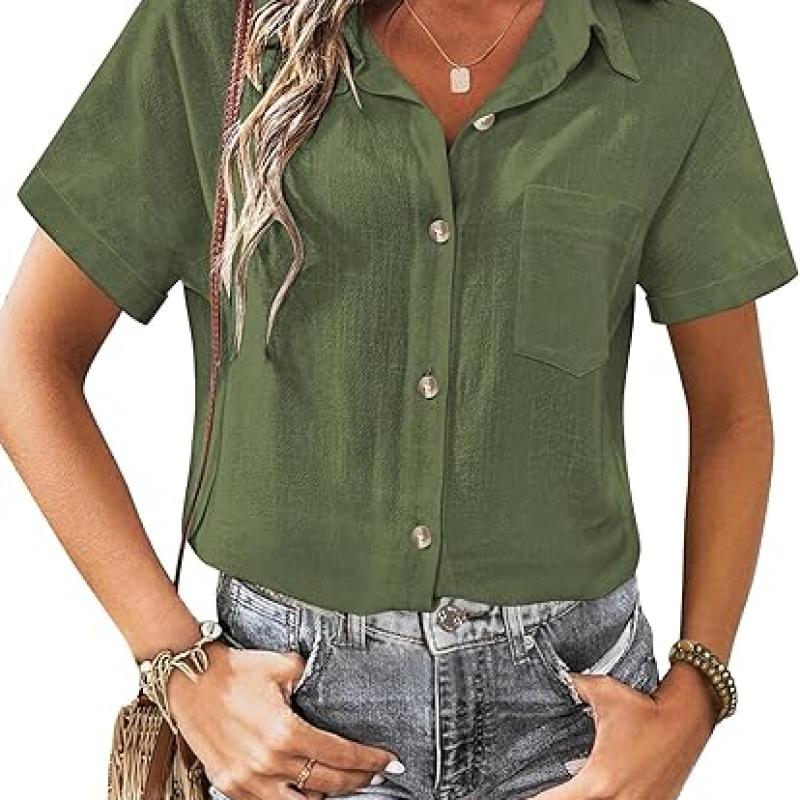 Womens Button Down Linen Shirt Short Sleeve Cotton Blouse Summer Casual Loose Fit Beach Tops