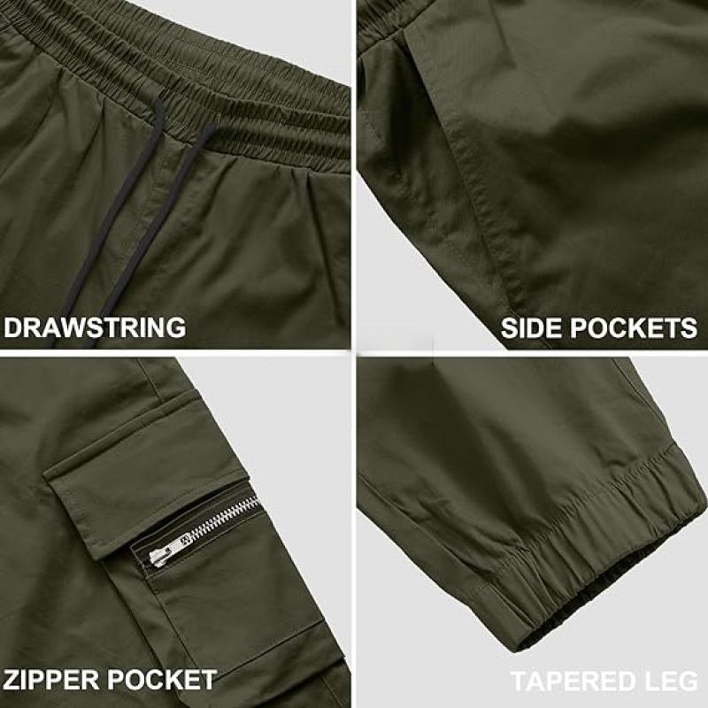 Mens Cargo Jogger Pants Elastic Waist Drawstring Regular with Zipper Pockets Cotton Pants for Men
