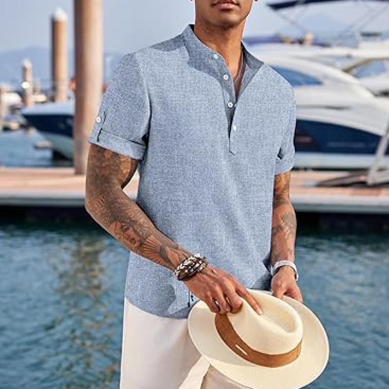 Men's Casual Henley Shirt Short Sleeve Band Collar Linen Shirt Summer Beach Hippie T-Shirts
