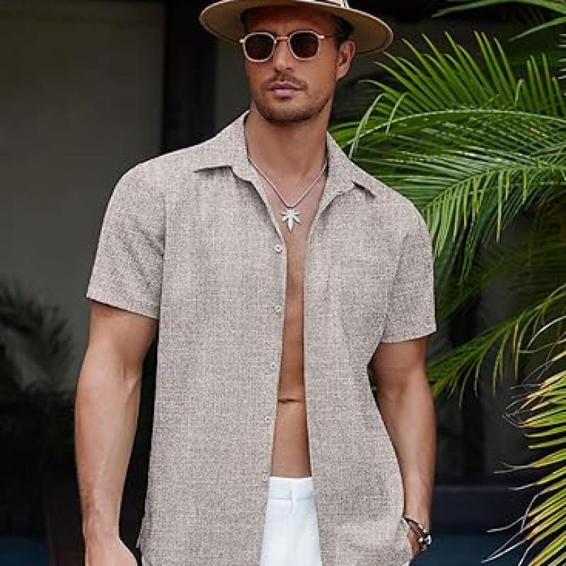 Men's Casual Linen Beach Shirt Short Sleeve Button Down Summer Shirt Untucked Vacation Wedding Hawaiian Shirts