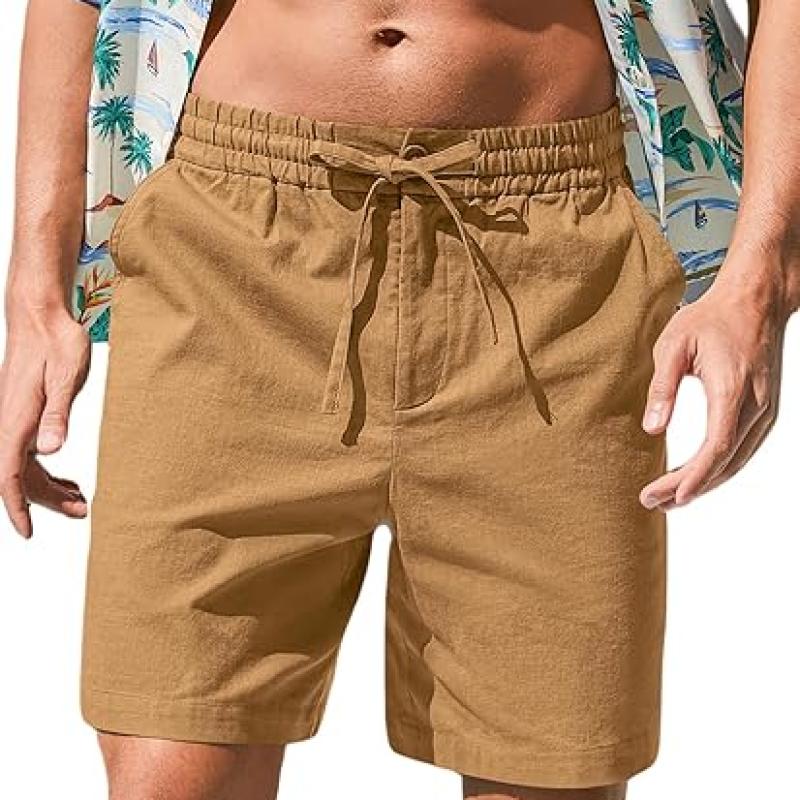 Mens Cotton Linen Shorts Casual Drawstring 7inch Inseam Shorts Stretch Summer Beach Wear