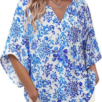 Womens 3/4 Sleeve V Neck Bohemian Peasant Blouses Casual Loose Fit Tunic Tops