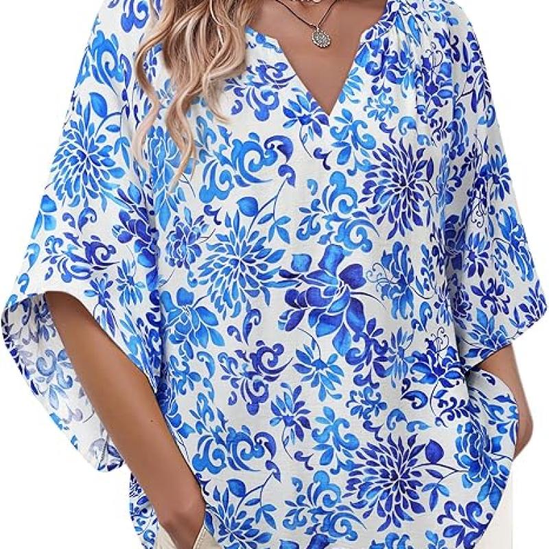Womens 3/4 Sleeve V Neck Bohemian Peasant Blouses Casual Loose Fit Tunic Tops