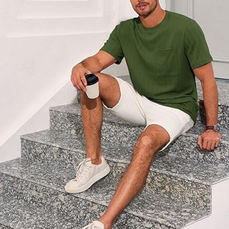 Mens Short Sleeve T-Shirts Casual Knit Texture Crewneck Pocket Tee Tops Loose Fit Summer Shirt