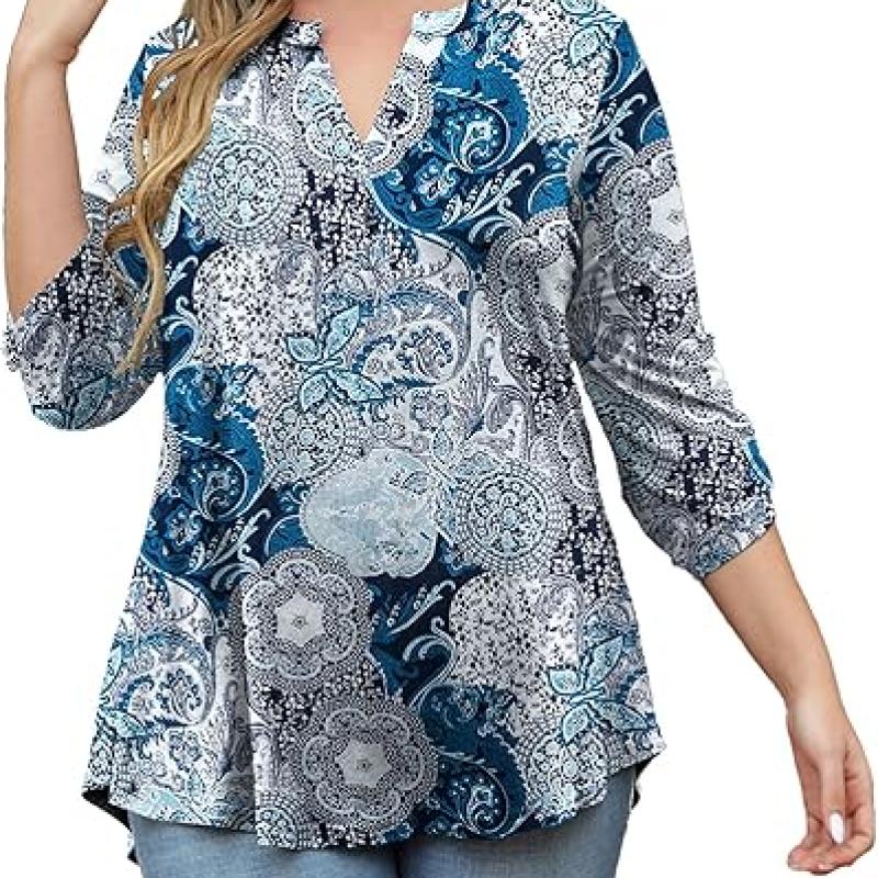 Womens Tops Dressy Casual 3/4 Sleeve Shirts Tunic Blouses Plus Size Tops for Women
