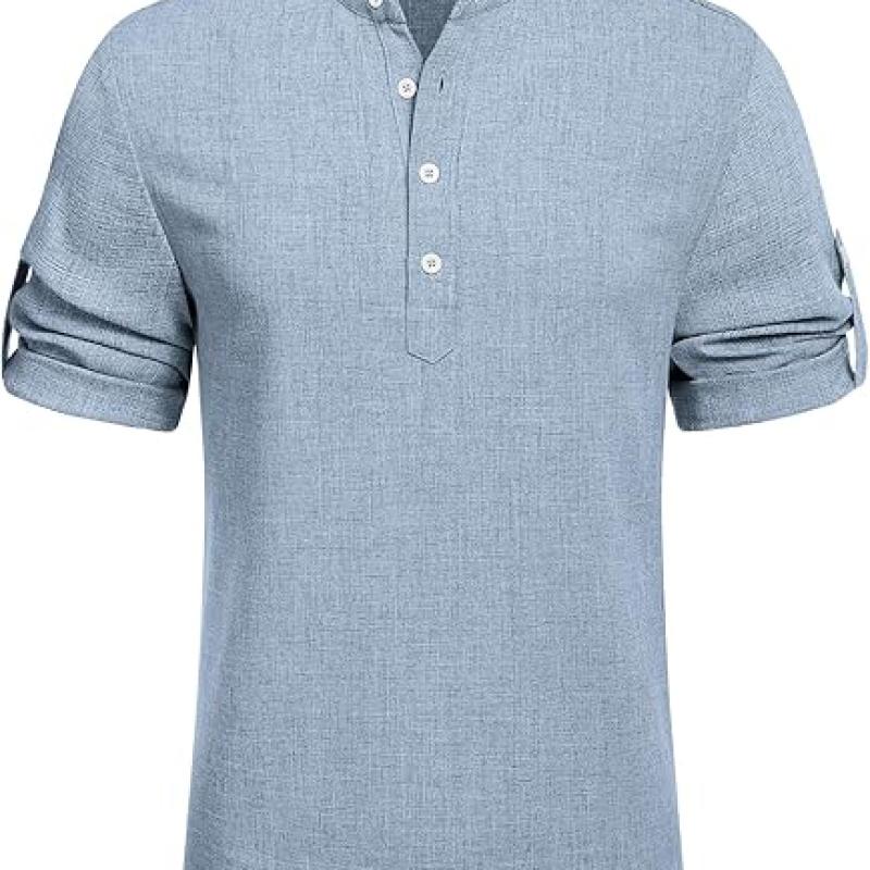 Men's Casual Henley Shirt Short Sleeve Band Collar Linen Shirt Summer Beach Hippie T-Shirts