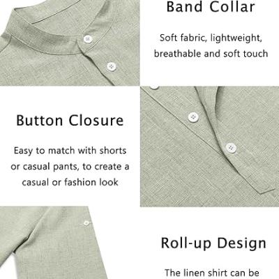 Men's Casual Henley Shirt Short Sleeve Band Collar Linen Shirt Summer Beach Hippie T-Shirts