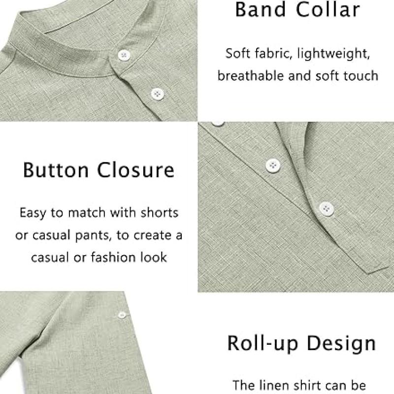 Men's Casual Henley Shirt Short Sleeve Band Collar Linen Shirt Summer Beach Hippie T-Shirts