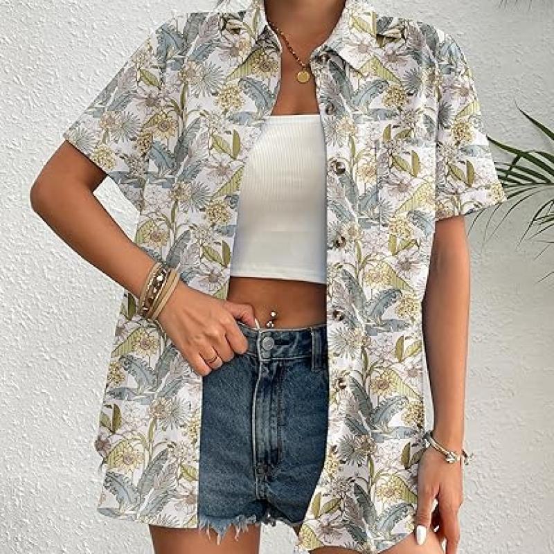 Womens Button Down Linen Shirt Short Sleeve Cotton Blouse Summer Casual Loose Fit Beach Tops